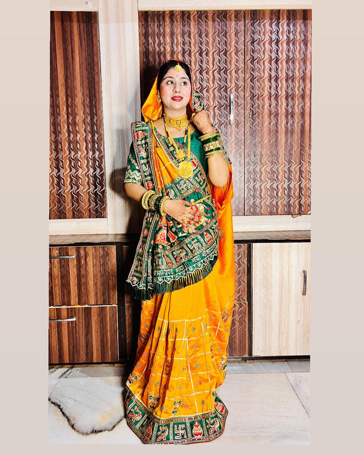 Orange Yellow Green Colour Embroiderd Panter Patola Saree For Special Occasion