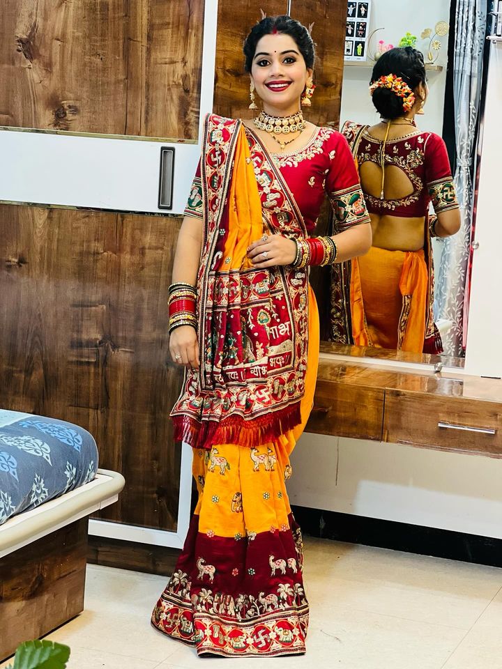 Shubh Laabh Orange Yellow Panetar Patola Saree | Wedding | Special Occasion | Puja | Baby Shower