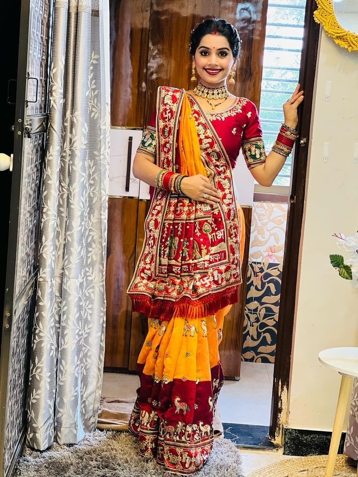 Shubh Laabh Orange Yellow Panetar Patola Saree | Wedding | Special Occasion | Puja | Baby Shower