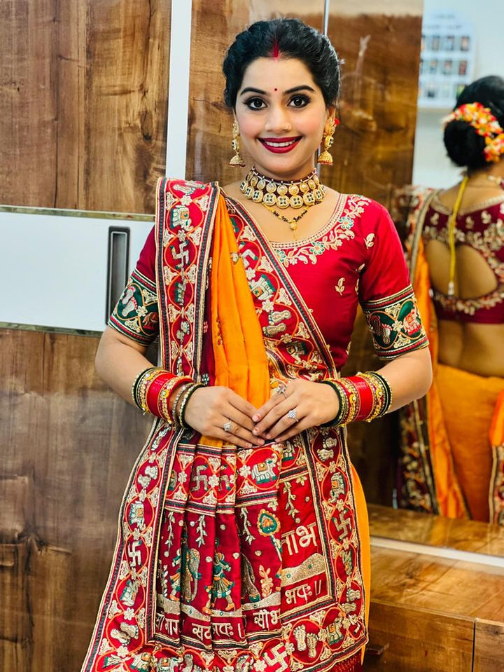 Shubh Laabh Orange Yellow Panetar Patola Saree | Wedding | Special Occasion | Puja | Baby Shower