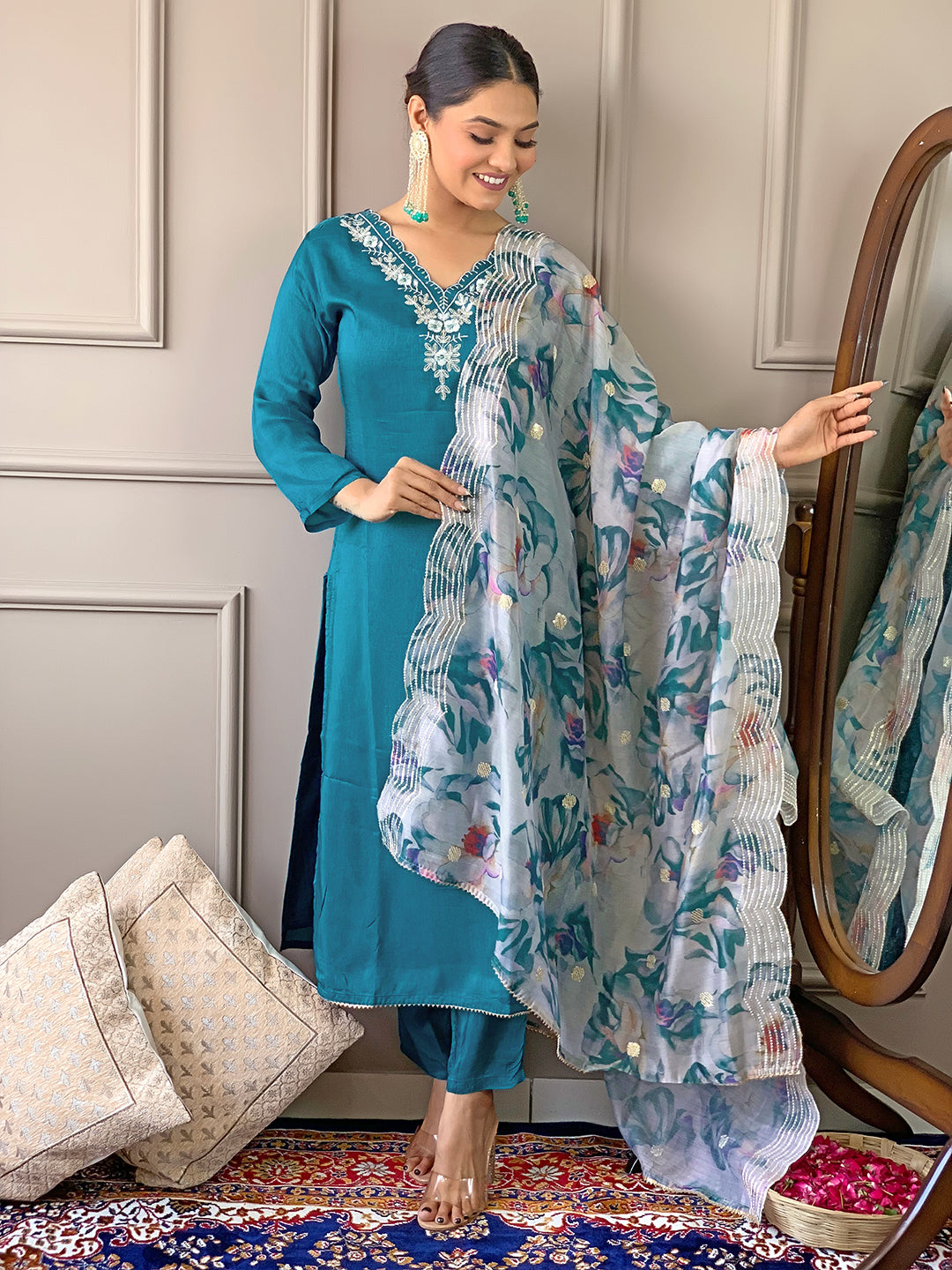 Rama Color Viscose Chanderi Kurti Embroidery With Pant And Dupatta Set