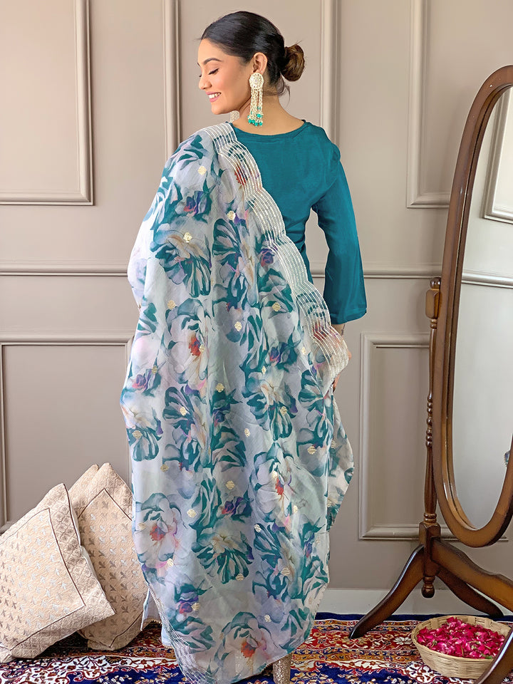 Rama Color Viscose Chanderi Kurti Embroidery With Pant And Dupatta Set