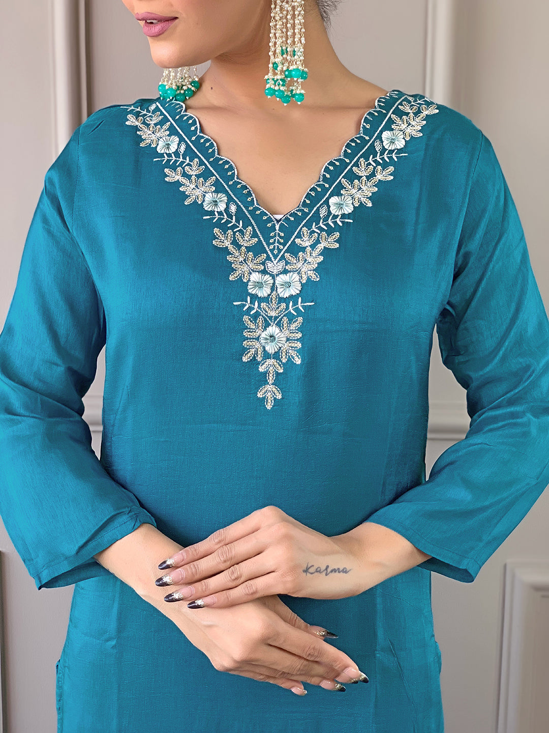 Rama Color Viscose Chanderi Kurti Embroidery With Pant And Dupatta Set