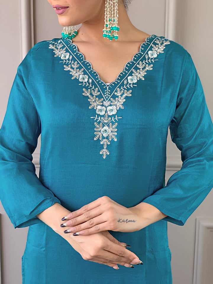 Rama Color Viscose Chanderi Kurti Embroidery With Pant And Dupatta Set