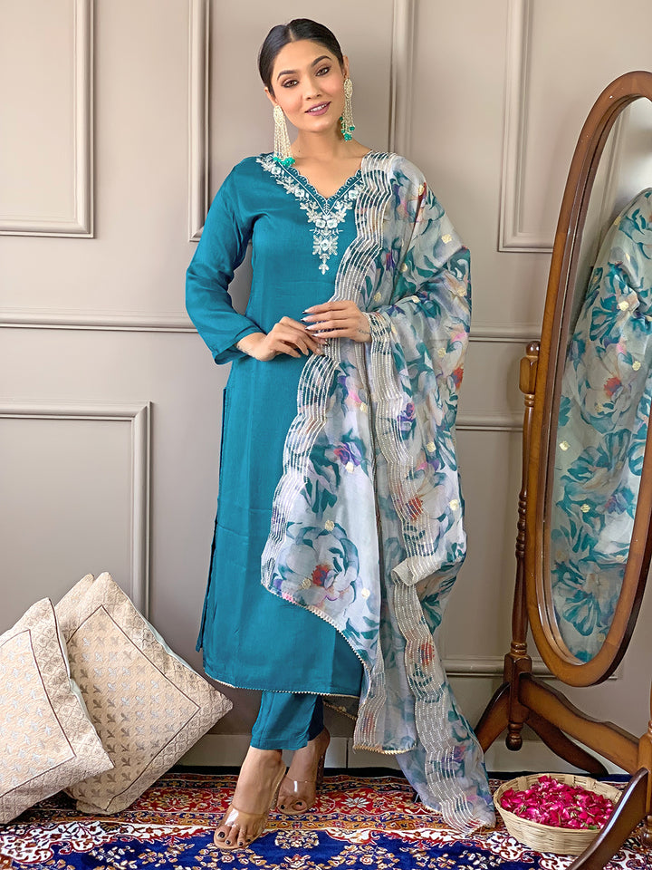Rama Color Viscose Chanderi Kurti Embroidery With Pant And Dupatta Set
