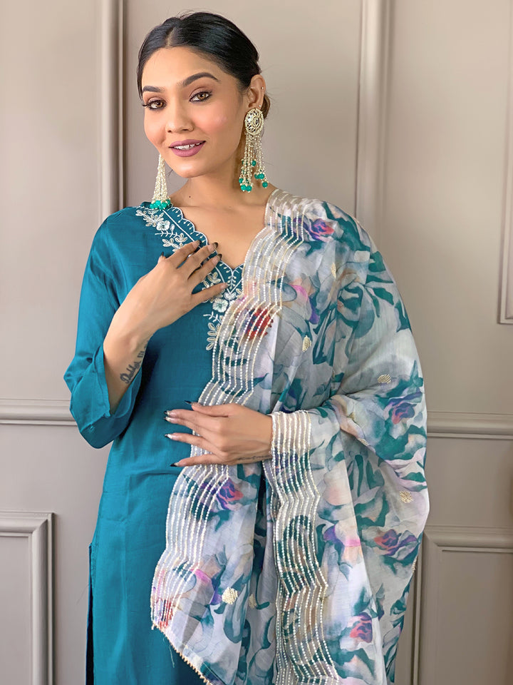 Rama Color Viscose Chanderi Kurti Embroidery With Pant And Dupatta Set