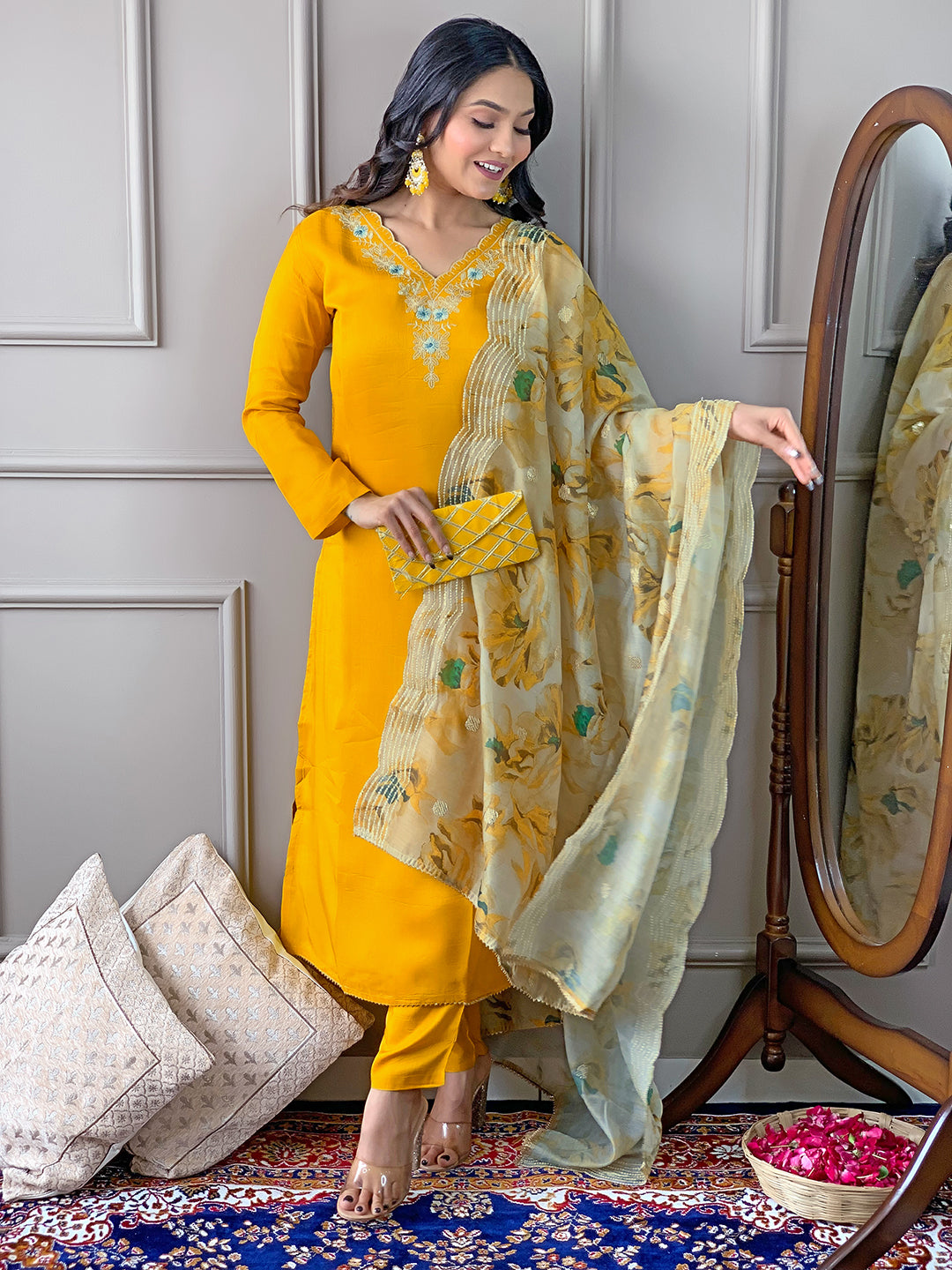Yellow Color Viscose Chanderi Kurti Embroidery With Pant And Dupatta Set