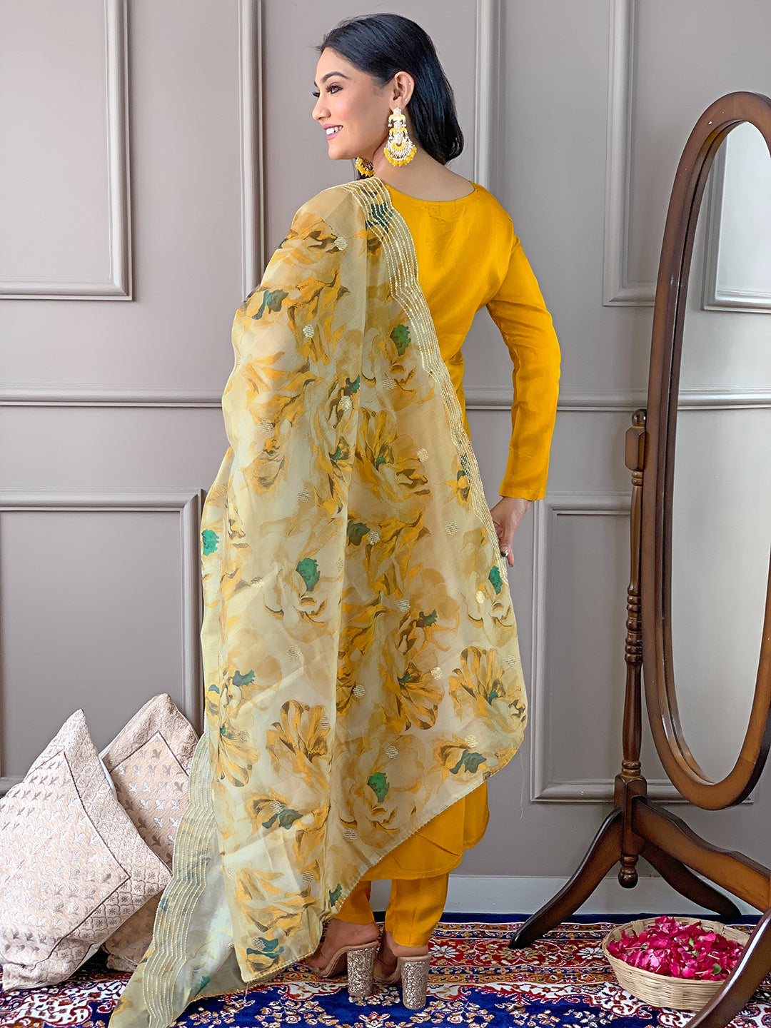 Yellow Color Viscose Chanderi Kurti Embroidery With Pant And Dupatta Set