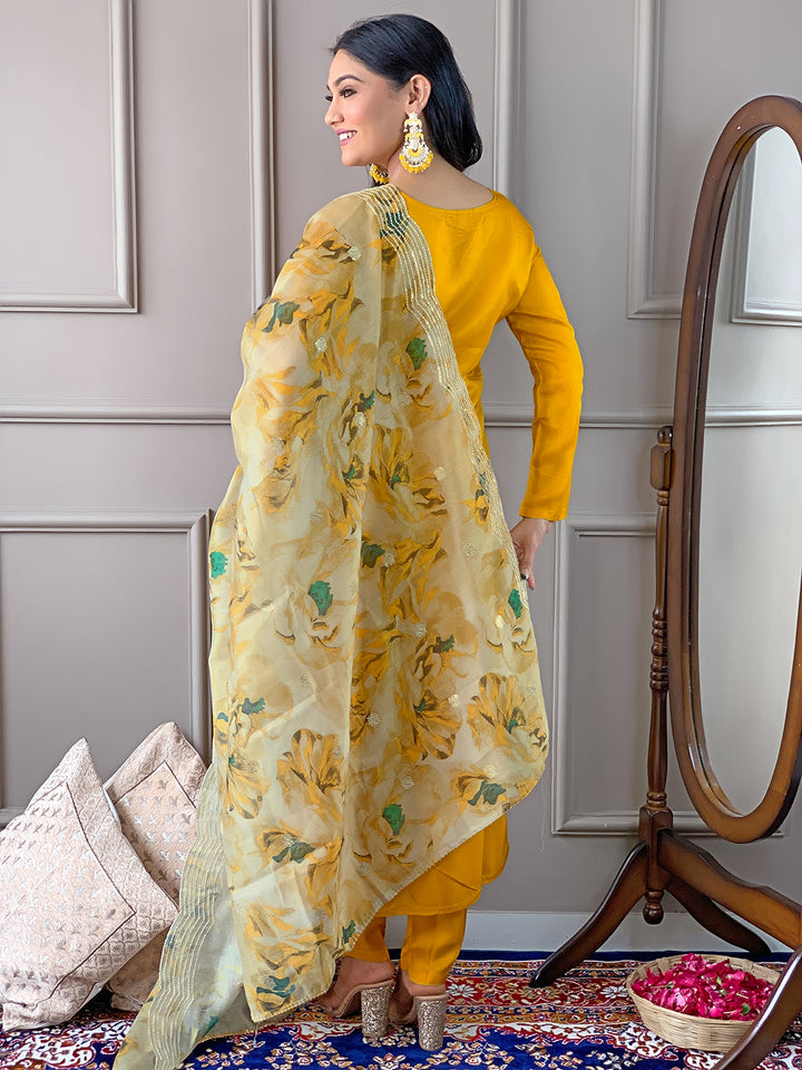 Yellow Color Viscose Chanderi Kurti Embroidery With Pant And Dupatta Set