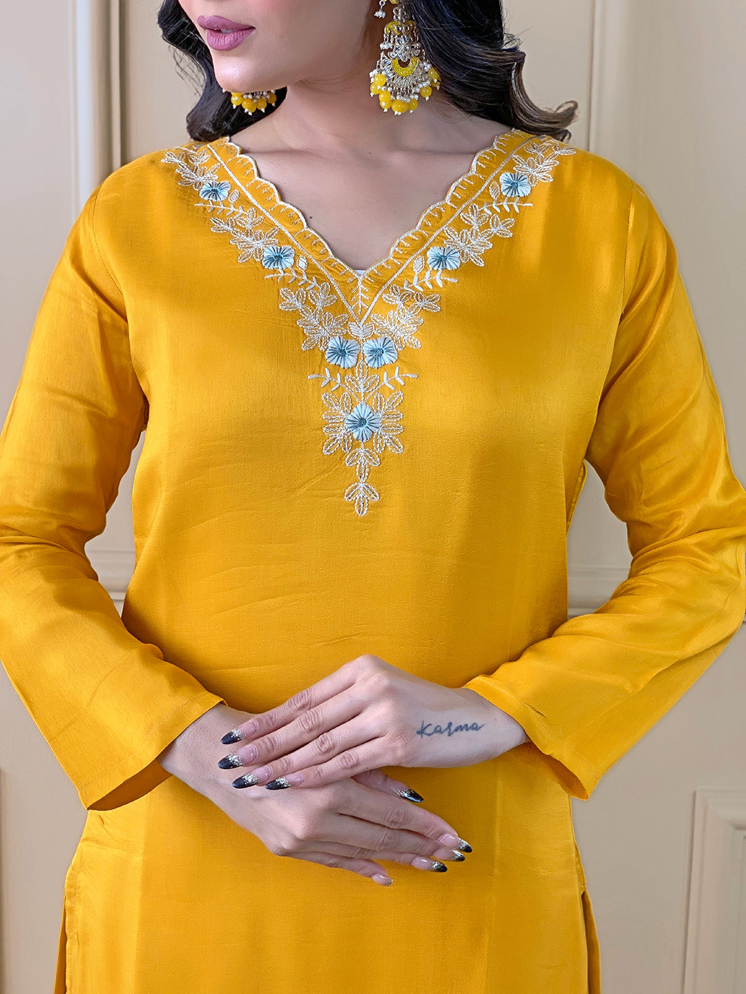 Yellow Color Viscose Chanderi Kurti Embroidery With Pant And Dupatta Set