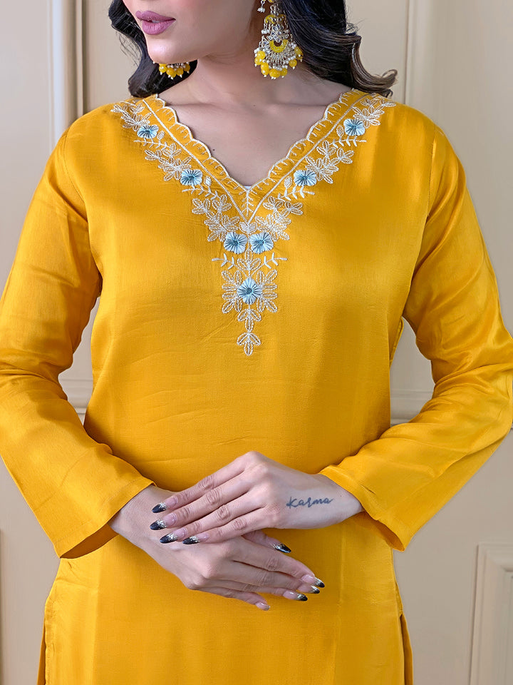 Yellow Color Viscose Chanderi Kurti Embroidery With Pant And Dupatta Set