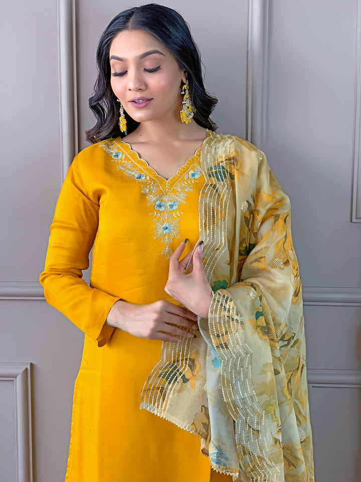 Yellow Color Viscose Chanderi Kurti Embroidery With Pant And Dupatta Set