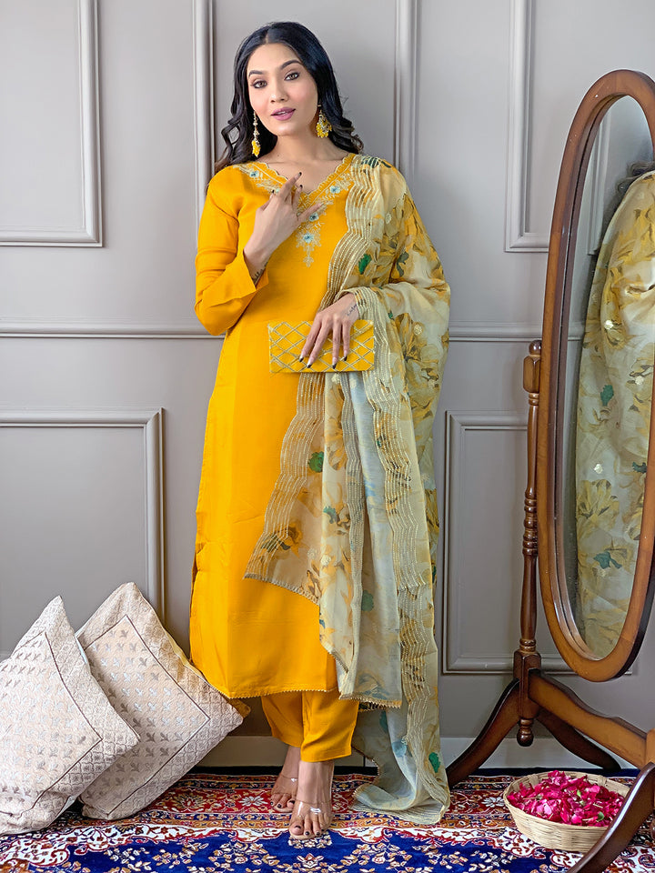 Yellow Color Viscose Chanderi Kurti Embroidery With Pant And Dupatta Set