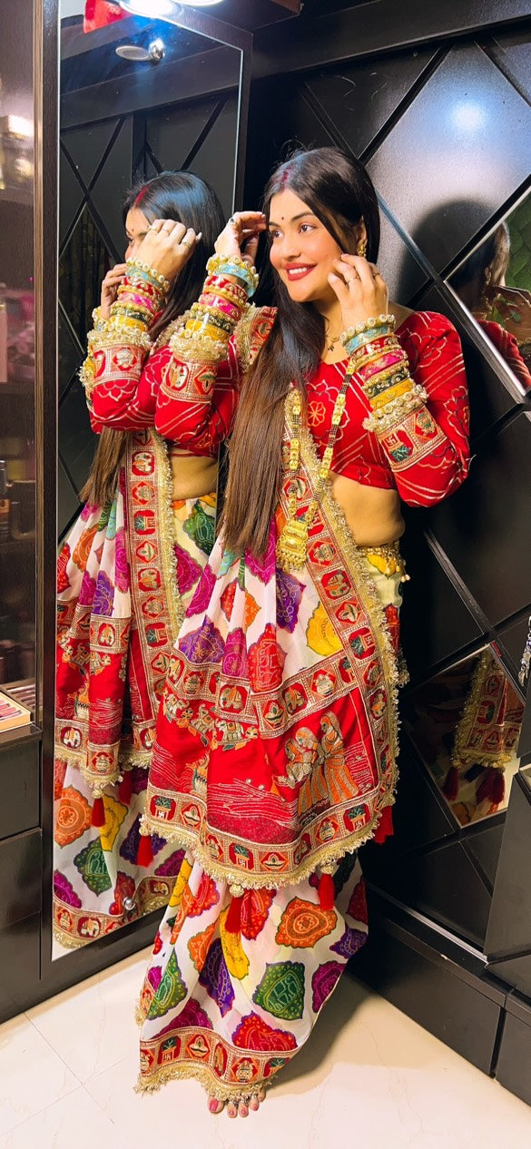 Elegance White Traditional Bandhani Print Patola Party Wear Saree