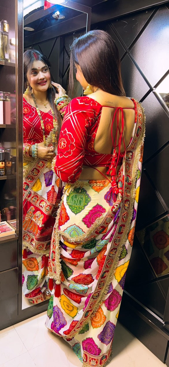 Elegance White Traditional Bandhani Print Patola Party Wear Saree