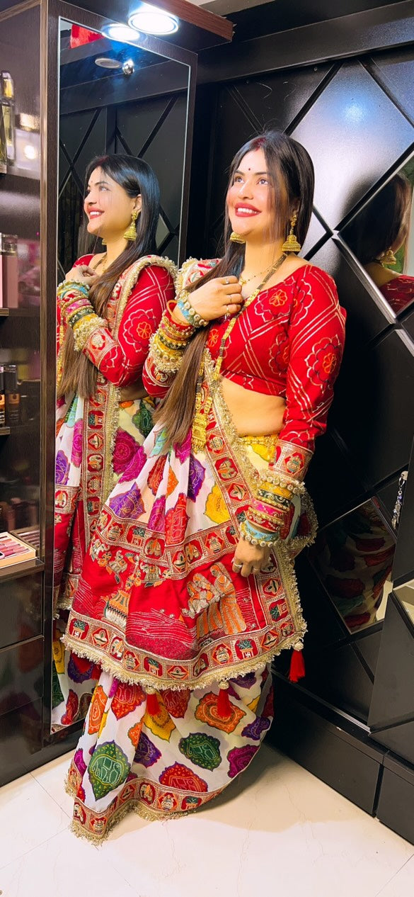 Elegance White Traditional Bandhani Print Patola Party Wear Saree