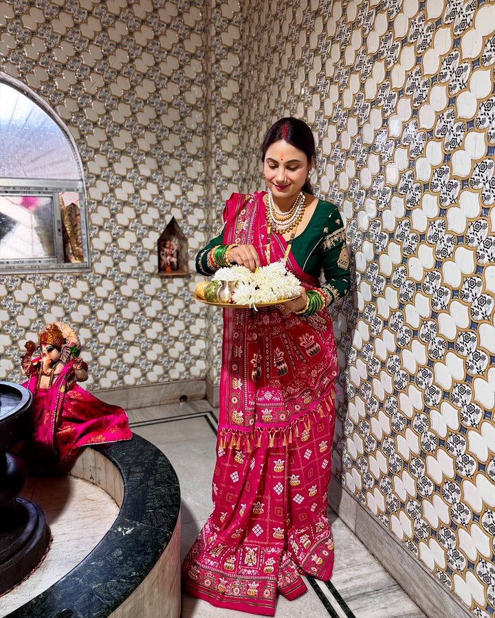 Pink Colour Foil Print Traditional Patola Party Wear Saree