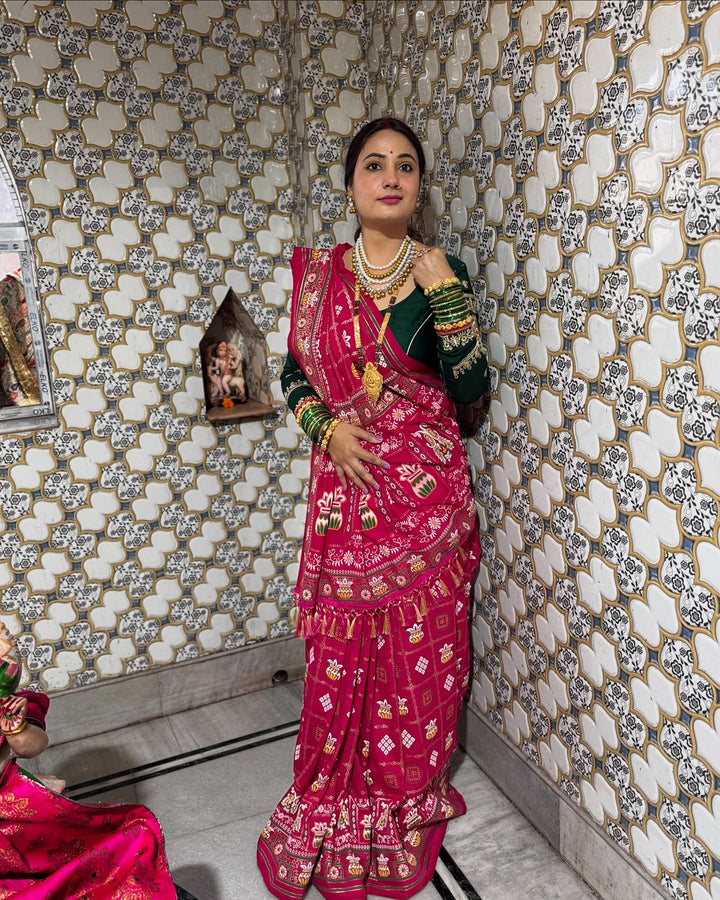 Pink Colour Foil Print Traditional Patola Party Wear Saree