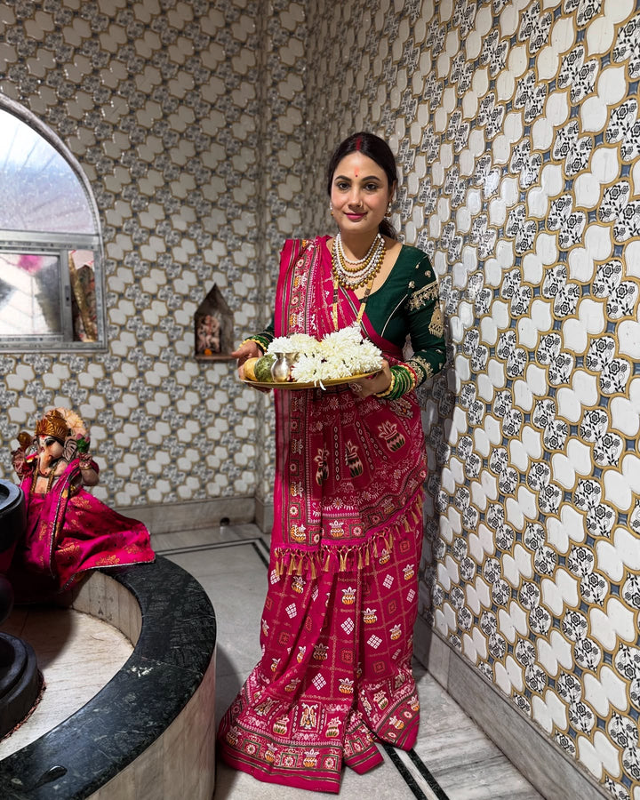 Pink Colour Foil Print Traditional Patola Party Wear Saree