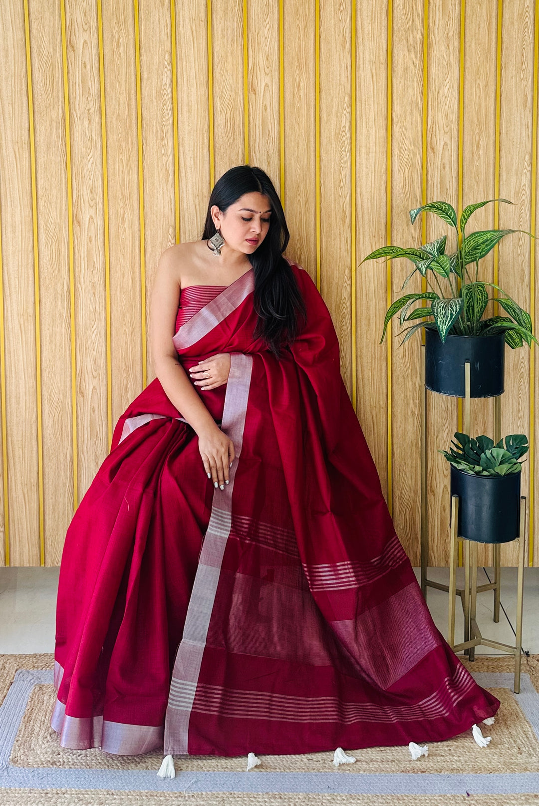 Maroon Amanat Linen Cotton Saree With Silver Jari Border And Silver Border Blouse