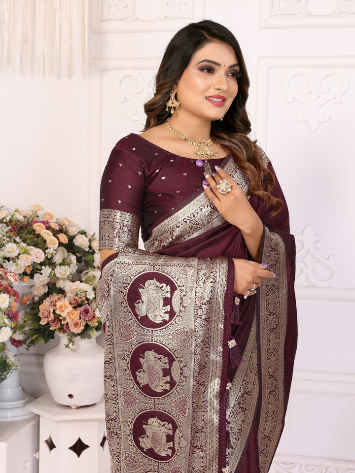 Dark Brown Rani Banarasi silk sarees saree with beautiful Gala weaving exclusive work soft comfy