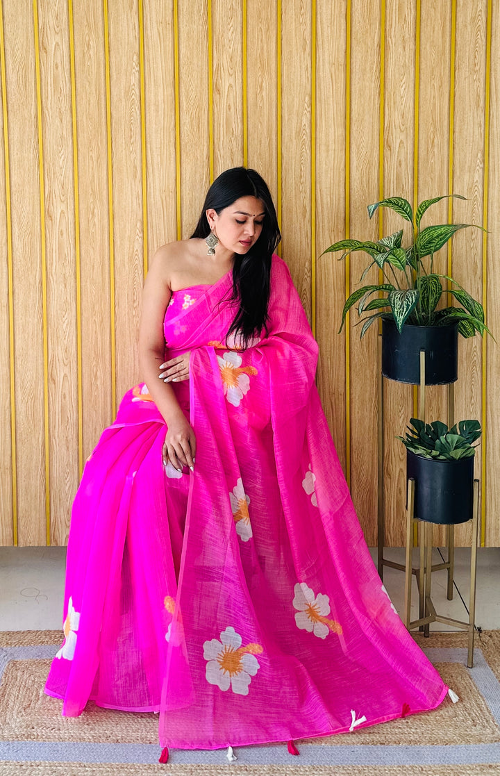 Pink Champa-2 Soft Linen Cotton Digital Print Sarees With Flower Print & Printed Pallu