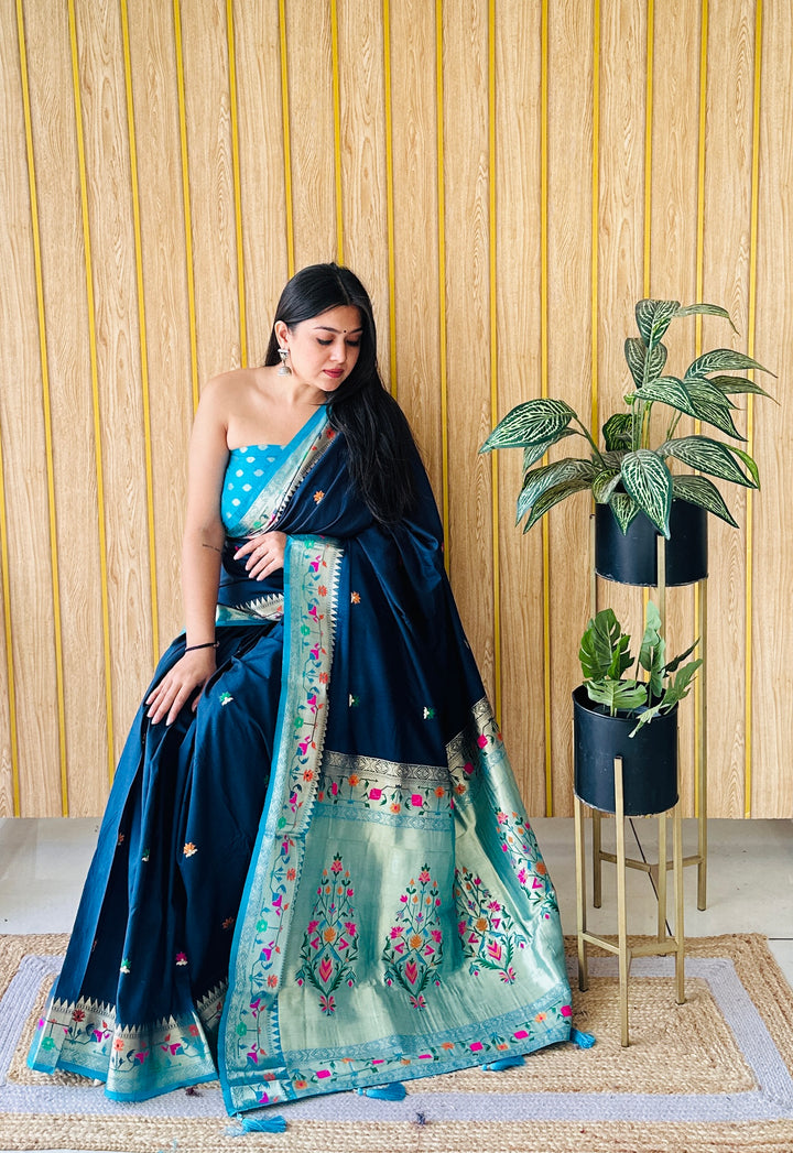 Sky Blue Shabri Paithani Soft  Silk Sarees Weaved With Buttas Pattern & Contrast Concept