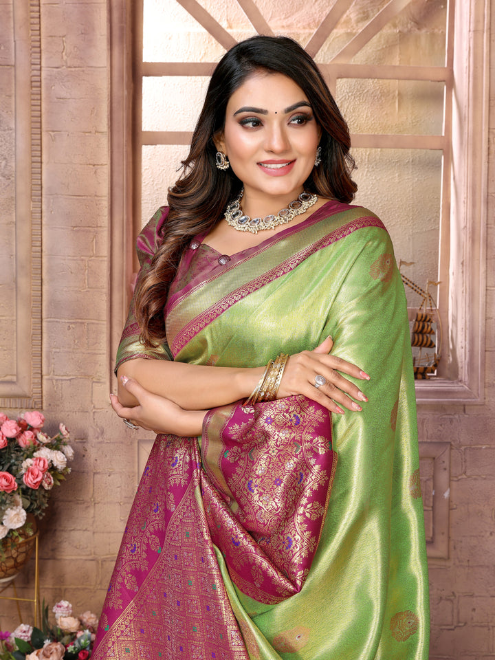 Green Sundari Banarasi Tissue Silk Saree With Contrast Banarasi Woven Borders & Pallu