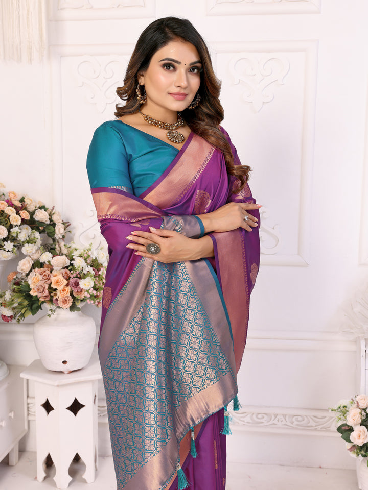 Purple Vardhman Lichi soft Silk sarees woven Butta concept & woven Zari borders both sides