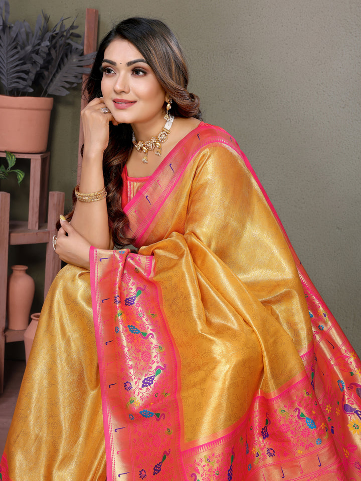 Yellow Mrudangi Pure Banarasi Tissue silk sarees contrast Paithani woven border classic pallu