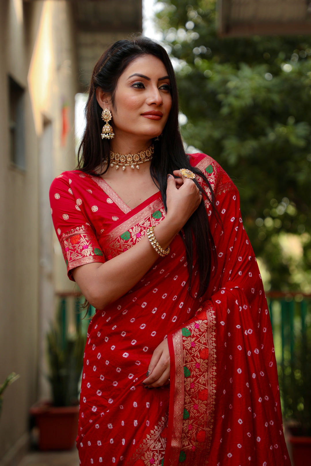 Red Nazakat Pure Bandhej Silk Saree With Patola Border Zari Weaving Paithani And Paithani Rich Pallu