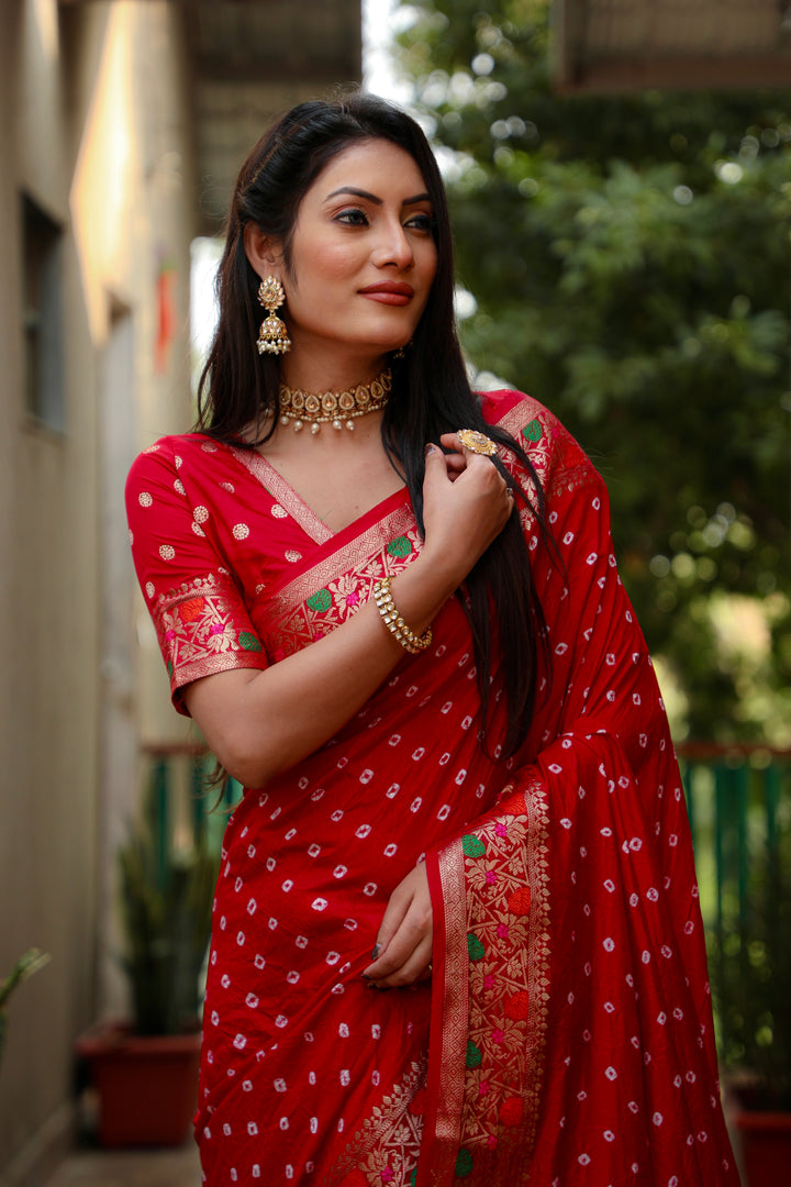 Red Nazakat Pure Bandhej Silk Saree With Patola Border Zari Weaving Paithani And Paithani Rich Pallu