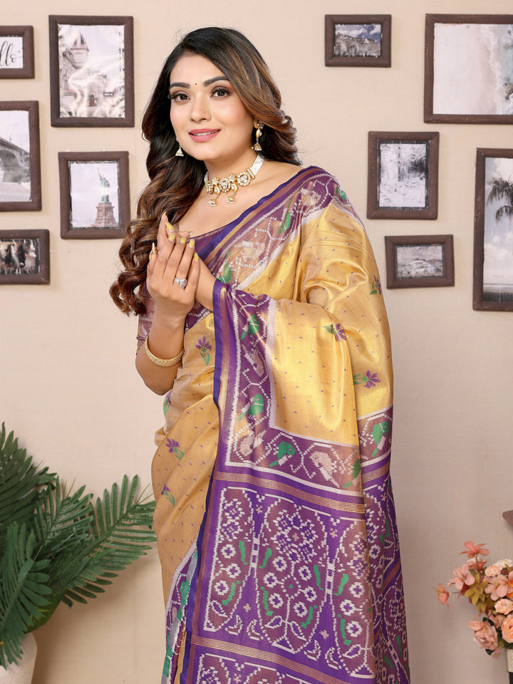 Yellow-Purple Surekha Banarasi Silk Saree With Contrast Patola Woven Borders & Pallu