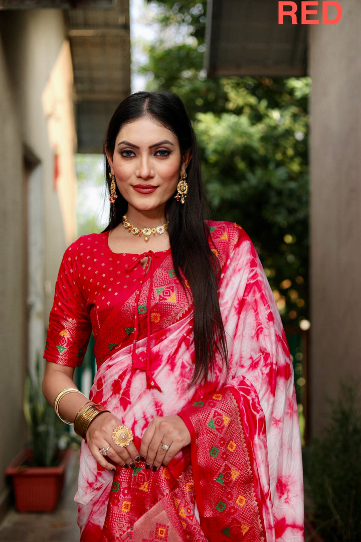 Red Flora Sibori Print Paithani Silk Sarees  With Gold Zari Paithani Border & Contrast  Rich Pallu