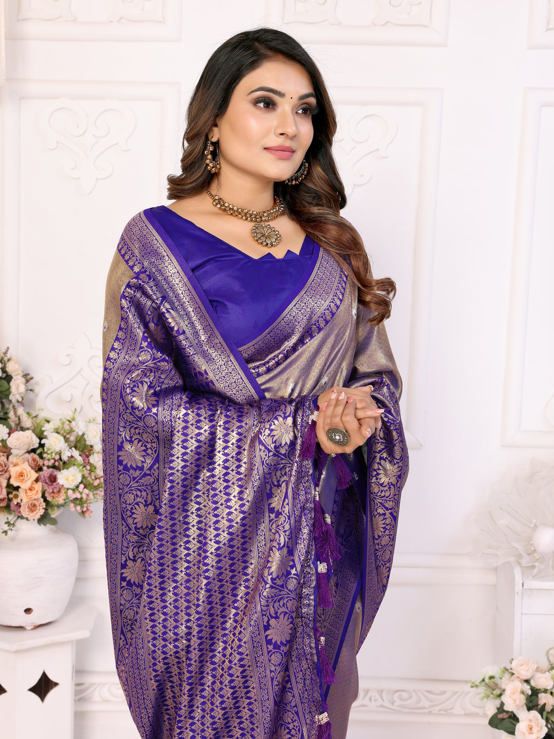 Purple Eshwari Banarasi tissue silk  sarees with all over Butti contrast woven borders classic pallu