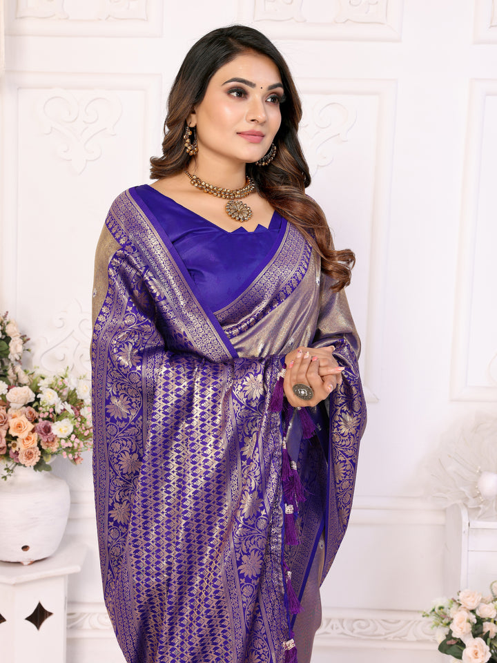 Purple Eshwari Banarasi tissue silk  sarees with all over Butti contrast woven borders classic pallu