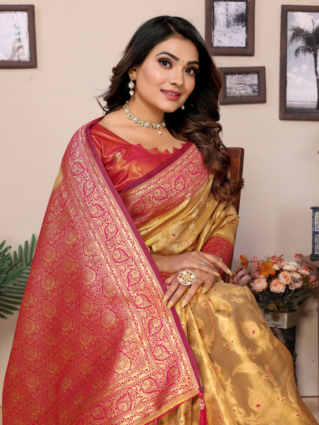 Red-Yellow Hema pure Banarasi Tissues silk sarees Its soft and silky with Meenkari woven border