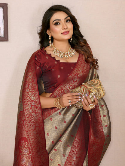 Beige Devika Handloom Tissue Silk Sarees with Zari Weaving and Contrast Zari woven borders