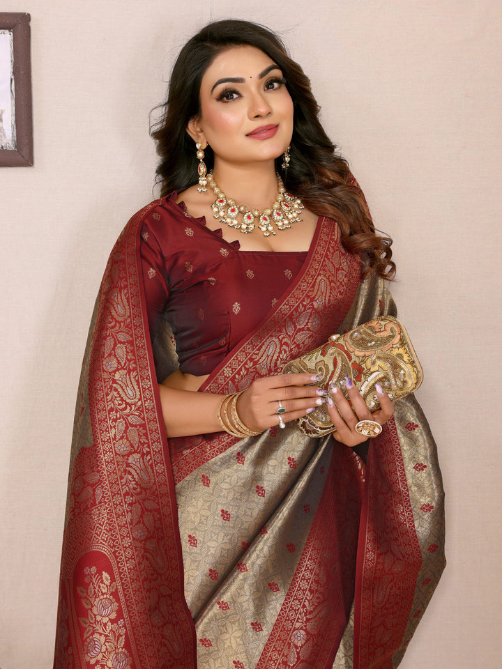 Beige Devika Handloom Tissue Silk Sarees with Zari Weaving and Contrast Zari woven borders