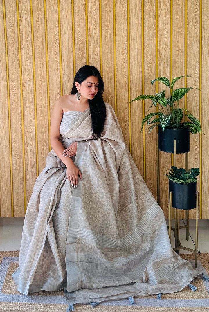 Beige Griva Linen Cotton Saree With Silver Jari Border And Silver Border Blouse