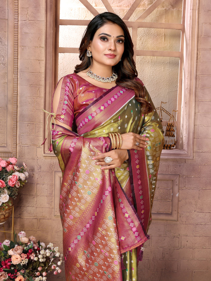 Green Tarveni Banarasi Tissue Silk (Patola weaving) Saree With Contrast Patola Woven Borders & Pallu