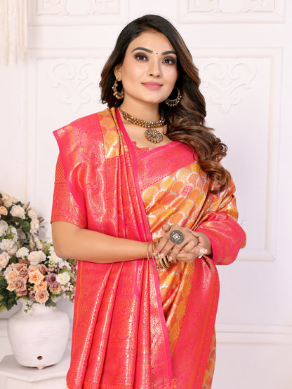 Orange Chaturi-1 Banarasi Chaturi silk saree Jari weaving Border and Weaving rich pallu