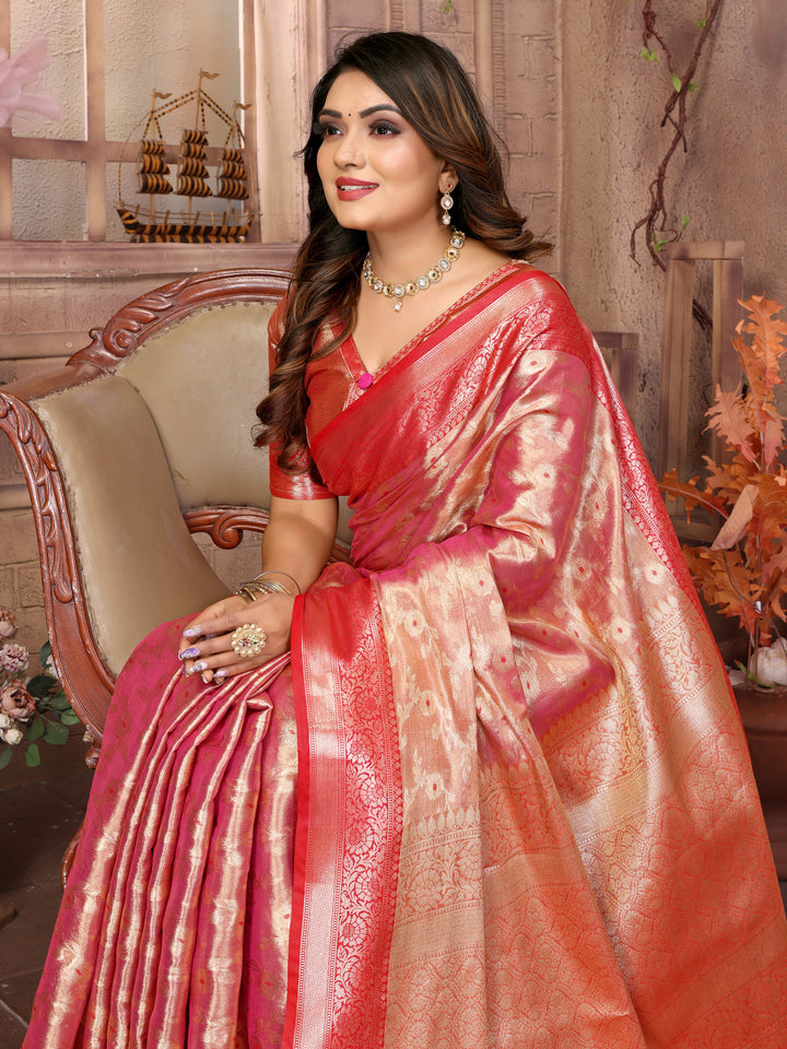 Red Vanita Tissue Silk Saree Zari Designs and Contrast Zari Borders & Rich Pallu