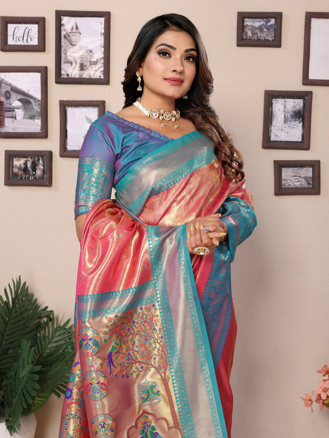 Pink Vantara Banarasi Tissue Silk Saree With Contrast Paithani Woven Borders & Pallu