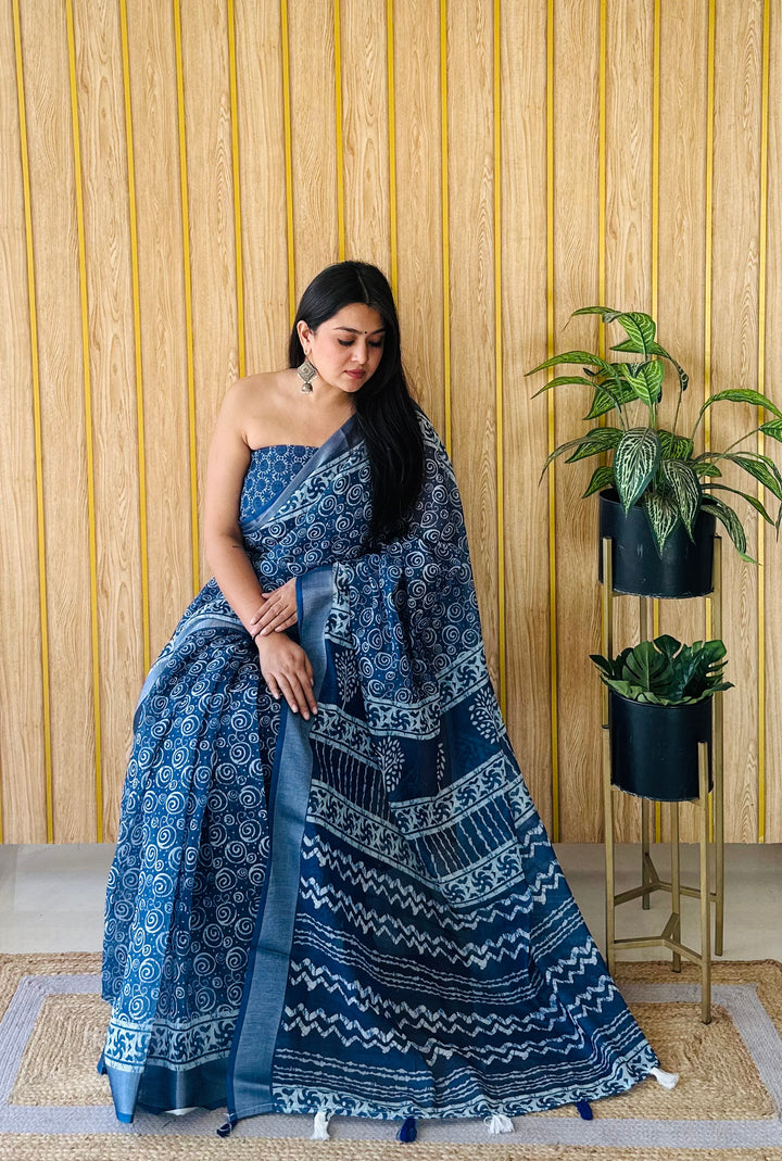 Blue Aarya-4 Soft Linen Cotton Digital Print Sarees With Batik Print With Silver Border