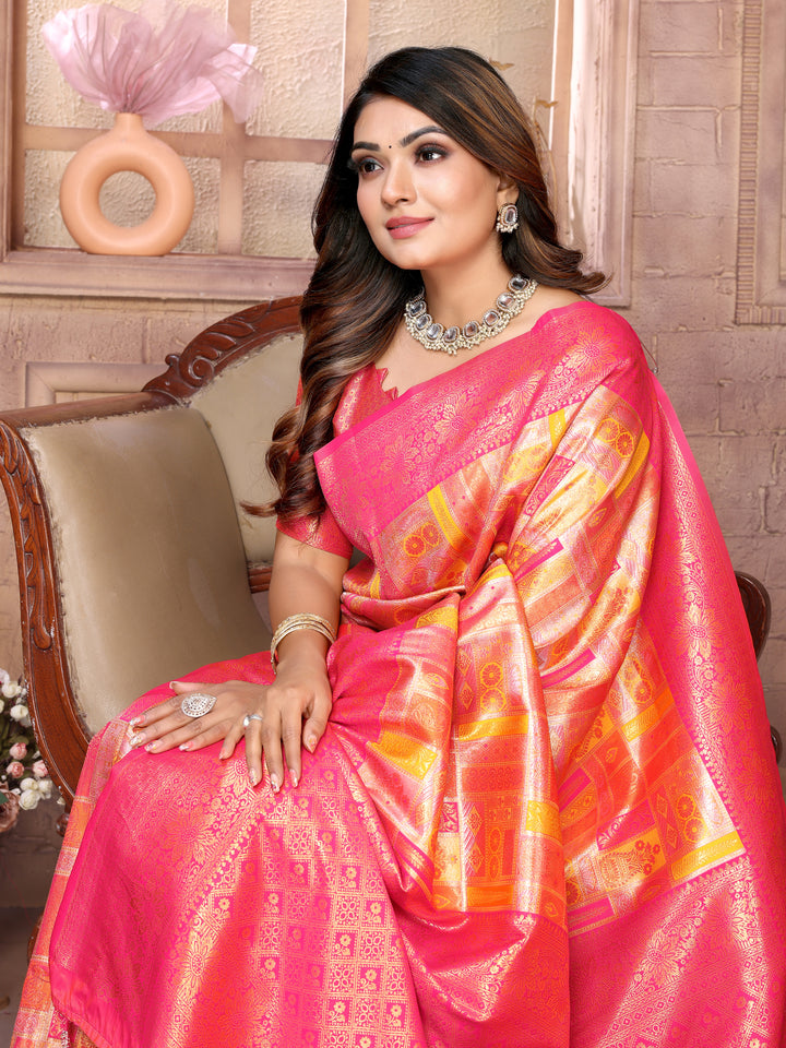 Orange Somya Banarasi Chaturi silk saree ,Jari weaving Border and Weaving rich pallu
