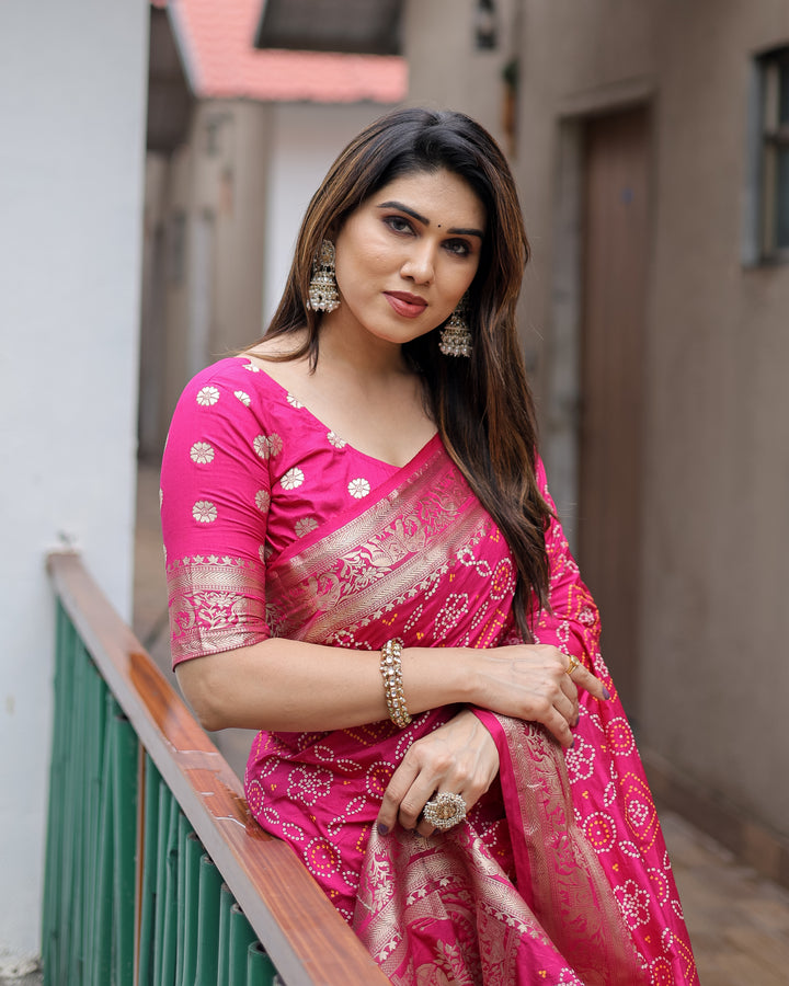 Pink Pushpavati Soft Dola Silk Bandhej Sarees With Kanchi Weaving Border With Multicolour Bandhej Block Print Design