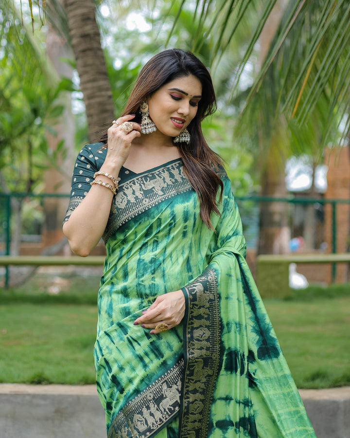Green Rangavelly Sibori Print Paithani Silk Sarees With Gold Zari Paithani Border & Contrast Rich Pallu