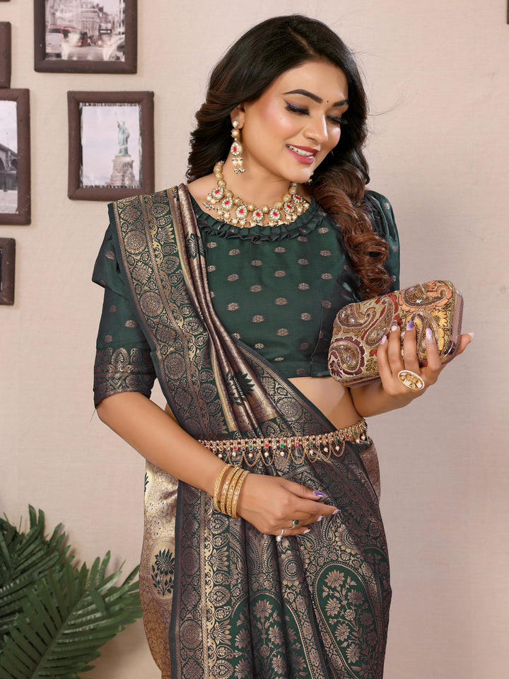 Green Mahek Handloom Tissue Silk Sarees with Zari Weaving and Contrast Zari  border