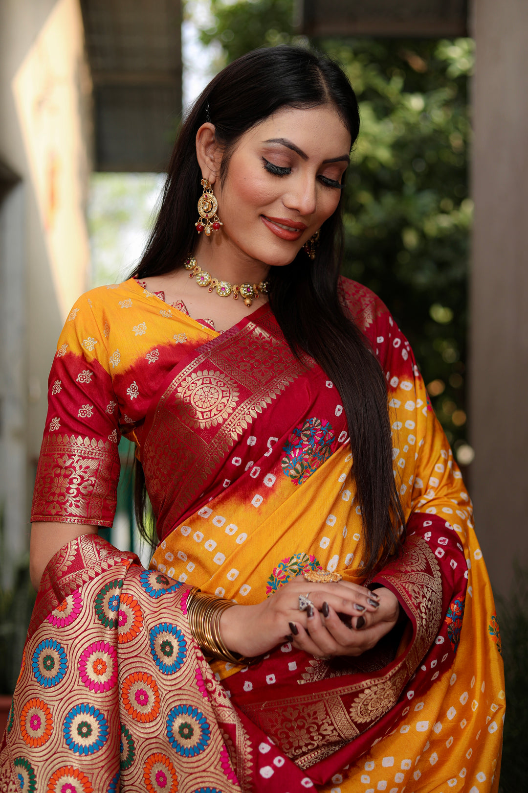 Yellow Ishani Pure Bandhej Silk Saree Minakari Weaving Butta With Zari